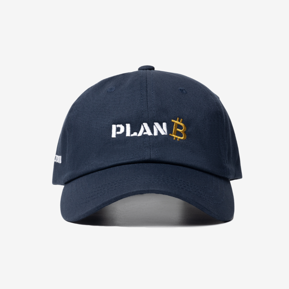 Navy Blue 100k Special Edition PlanB cap with Golden stitched Bitcoin logo