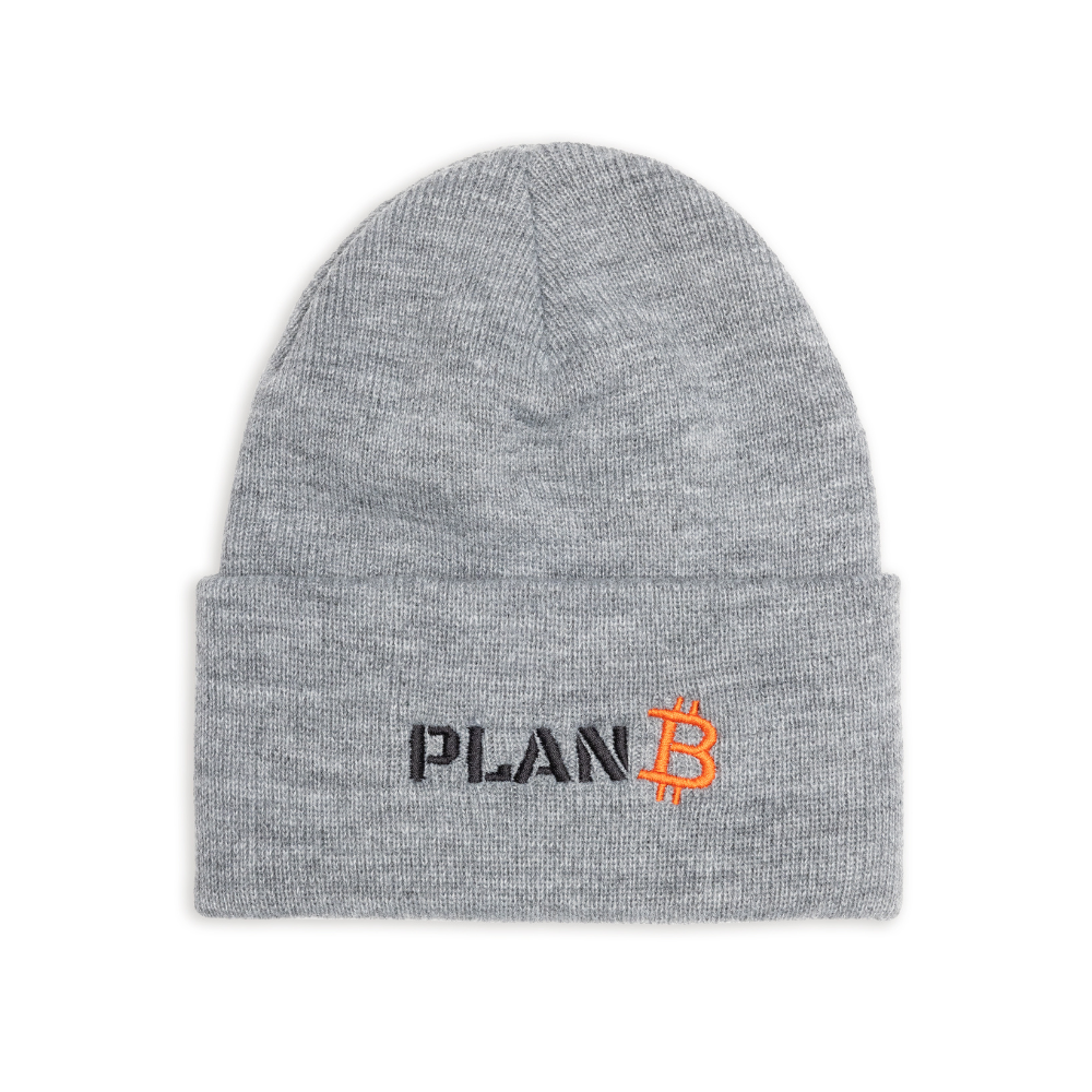 Grey PlanB beanie with black and orange embroidered PlanB logo on the front