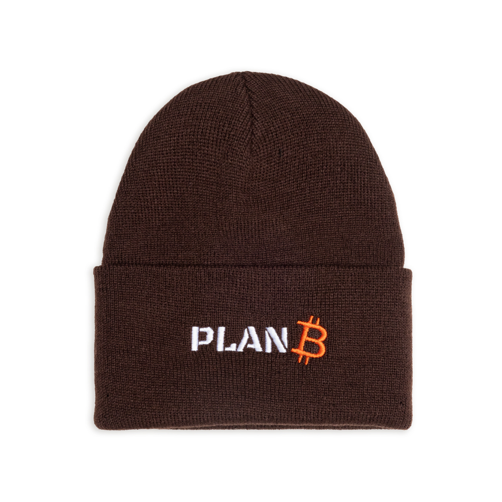 Brown PlanB beanie with white and orange embroidered PlanB logo on the front