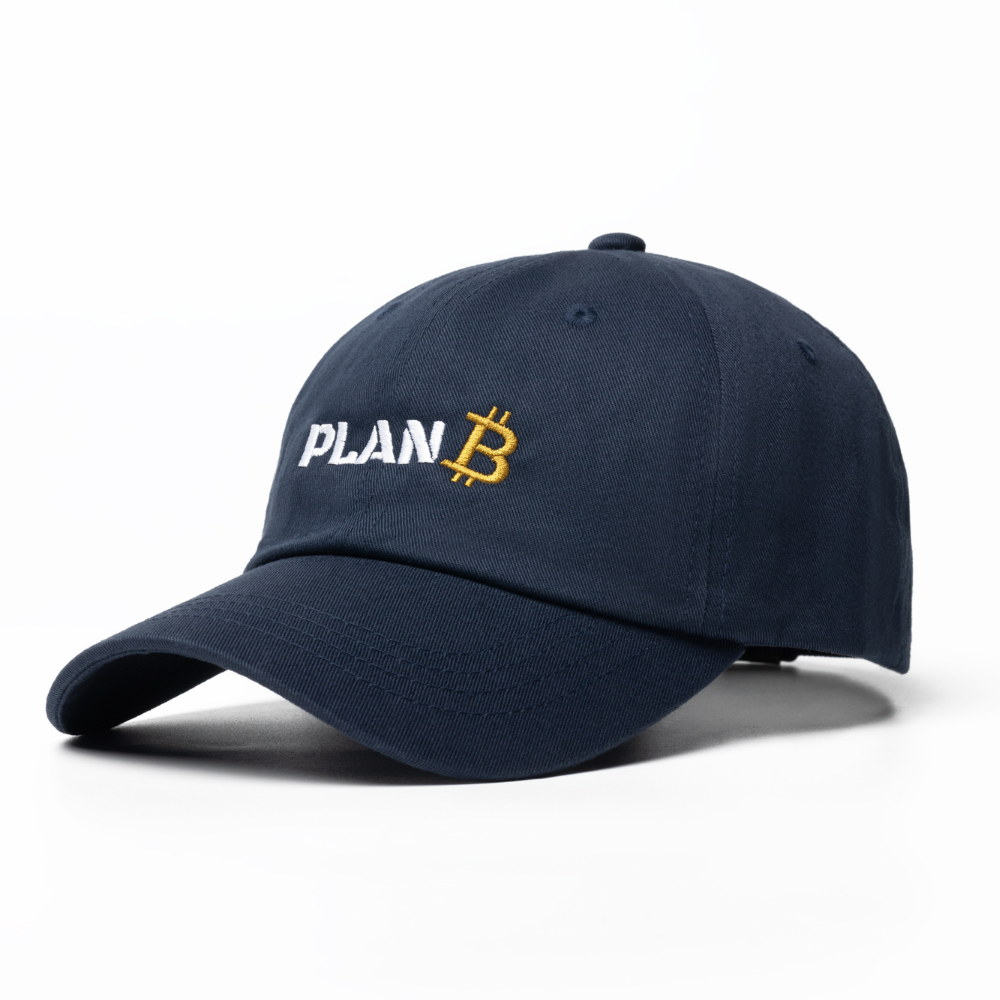 Navy Blue 100k Special Edition PlanB cap with Golden stitched Bitcoin logo