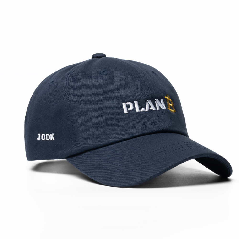 Navy Blue 100k Special Edition PlanB cap with Golden stitched Bitcoin logo