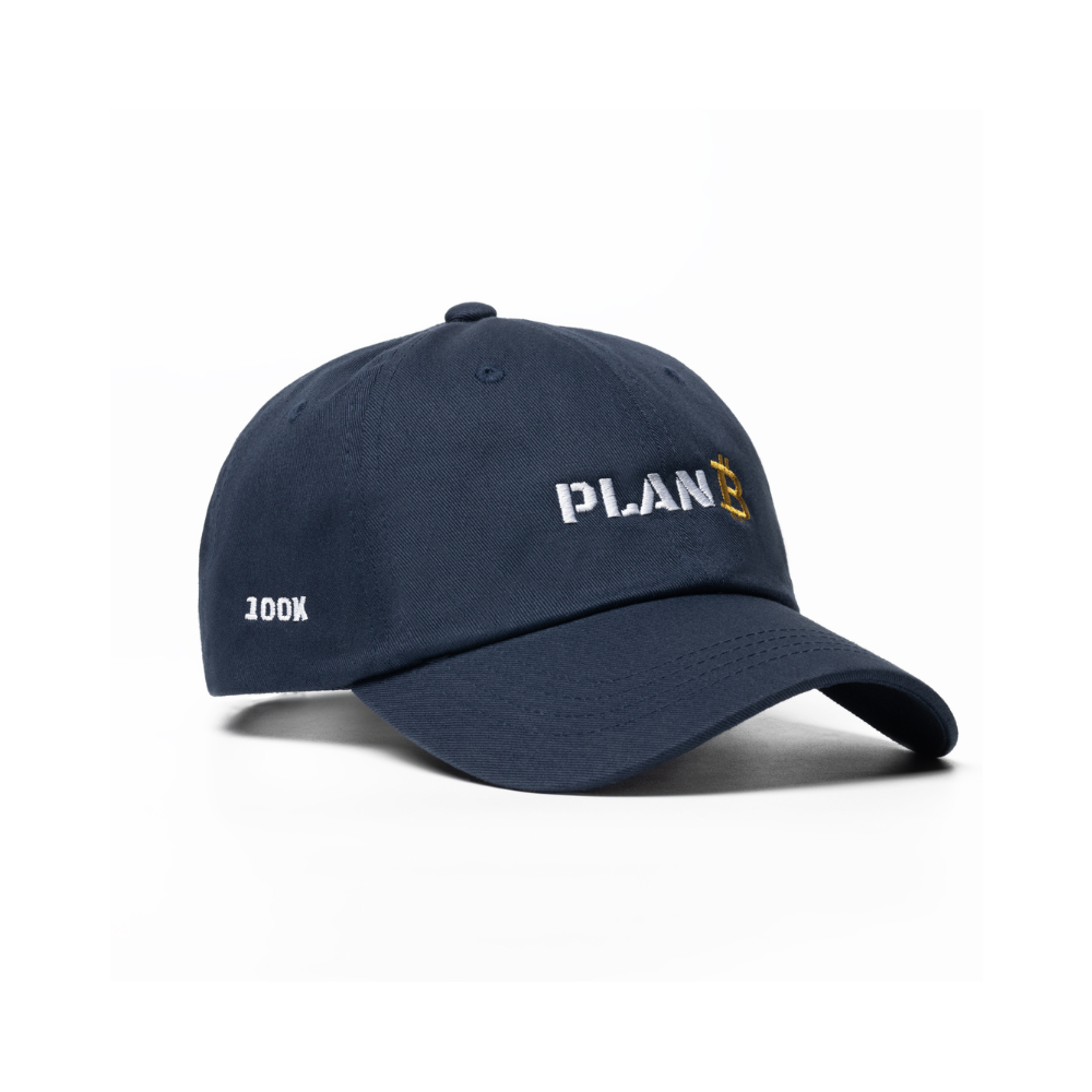 Navy Blue 100k Special Edition PlanB cap with Golden stitched Bitcoin logo