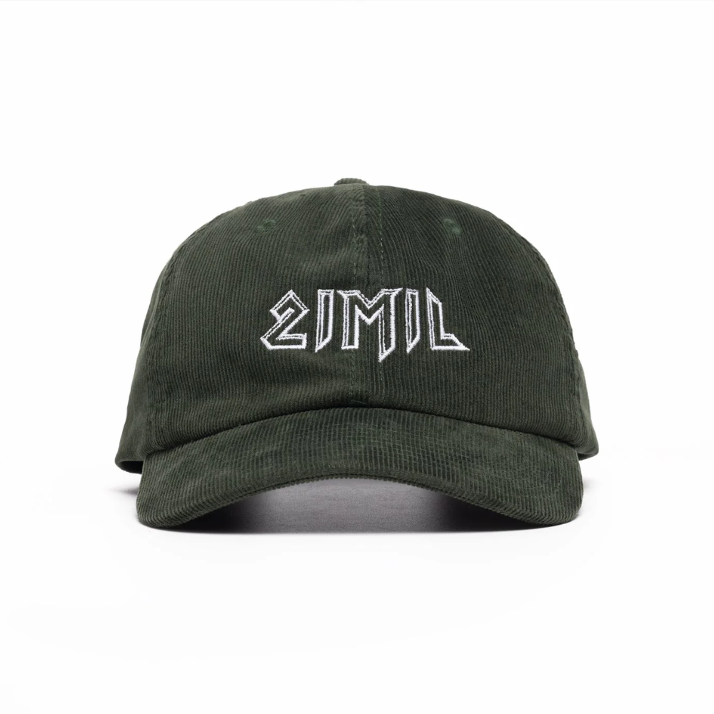 Olive corduroy 21mil cap with embroidered logo.