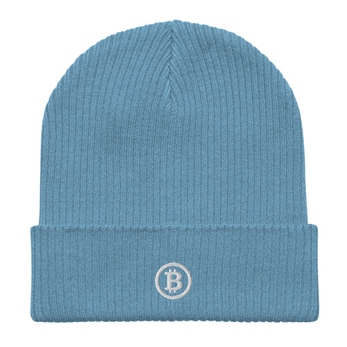 Light avio blue organic ribbed Bitcoin beanie with embroidered Bitcoin logo