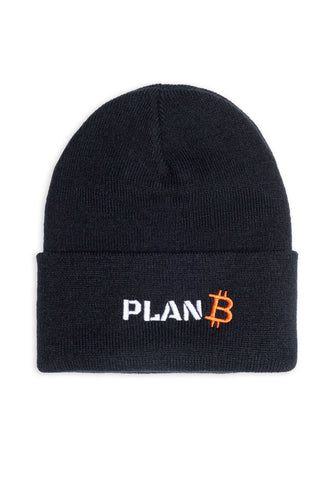 Black PlanB beanie with white and orange embroidered PlanB logo on the front