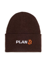 Load image into Gallery viewer, Brown PlanB beanie with white and orange embroidered PlanB logo on the front
