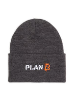 Load image into Gallery viewer, Dark grey PlanB beanie with white and orange embroidered PlanB logo on the front
