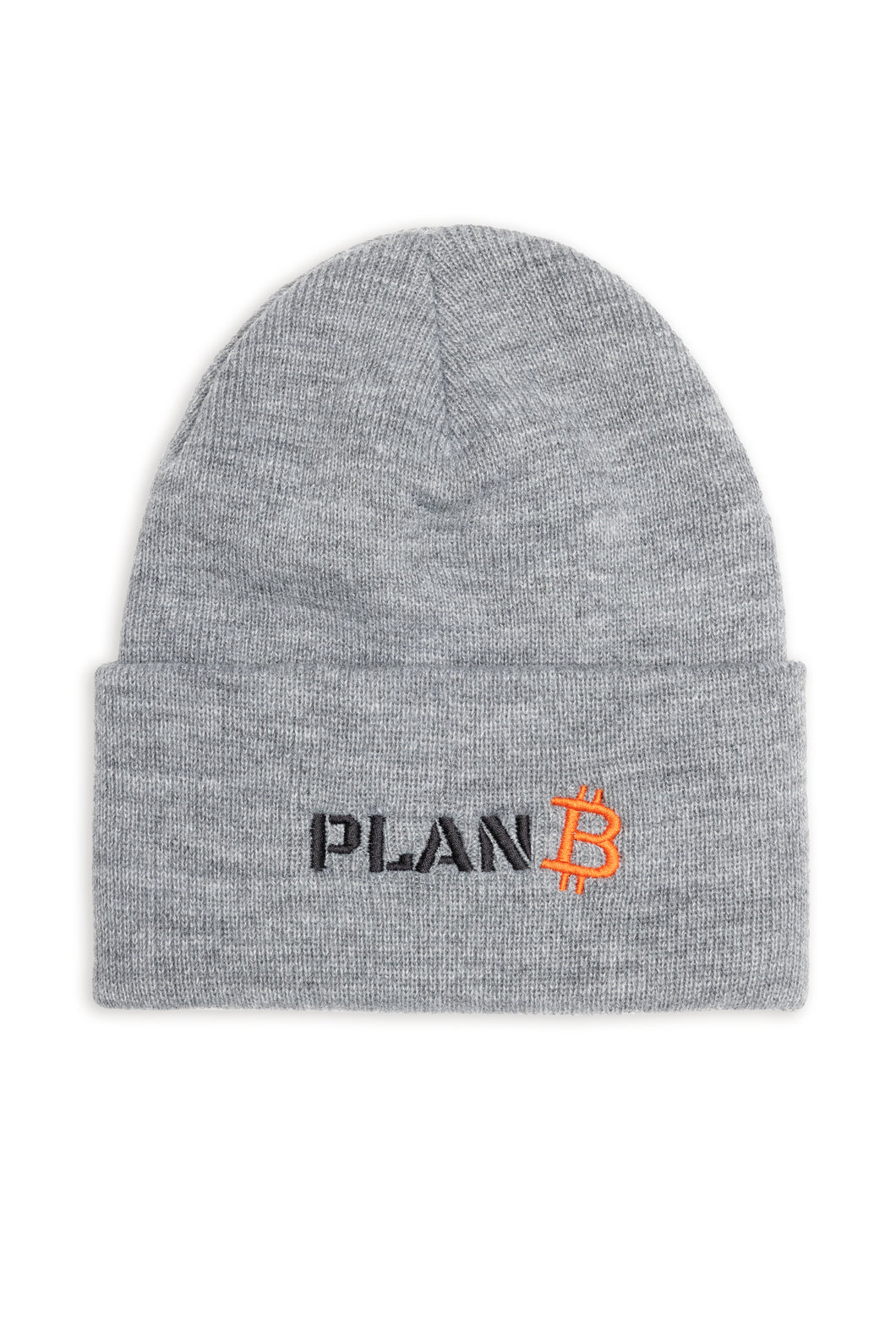 Grey PlanB beanie with black and orange embroidered PlanB logo on the front