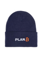 Load image into Gallery viewer, Navy blue PlanB beanie with white and orange embroidered PlanB logo on the front
