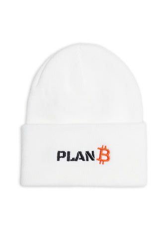 White PlanB beanie with black and orange embroidered PlanB logo on the front