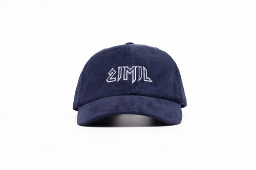 A navy blue corduroy 21mil cap with embroidered logo.
