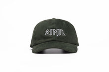 Load image into Gallery viewer, An olive green corduroy 21mil cap with embroidered logo.
