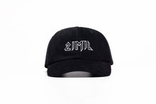 Load image into Gallery viewer, A black corduroy 21mil cap with embroidered logo.
