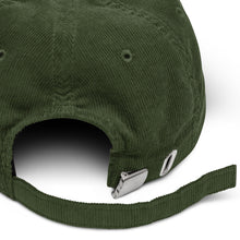 Load image into Gallery viewer, An olive green corduroy 21mil cap with embroidered logo.
